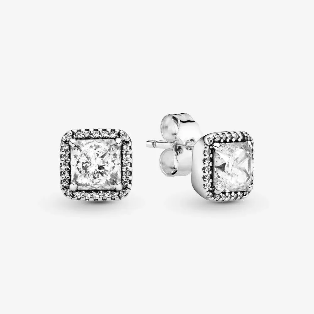 Clear Square Sparkle Halo Stud Earrings